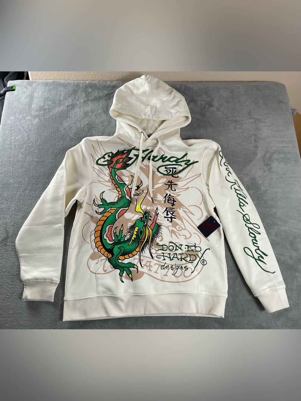 Ed Hardy Hoodie Mens L Graphic Dragon Sweatshirt Sweater Streetwear NWT Ivory